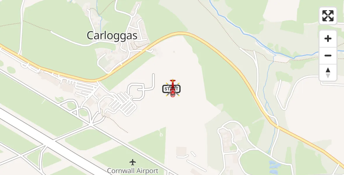 Flight path map showing Air Ambulance Helicopter route from Cornwall Airport Newquay to Cornwall Airport Newquay