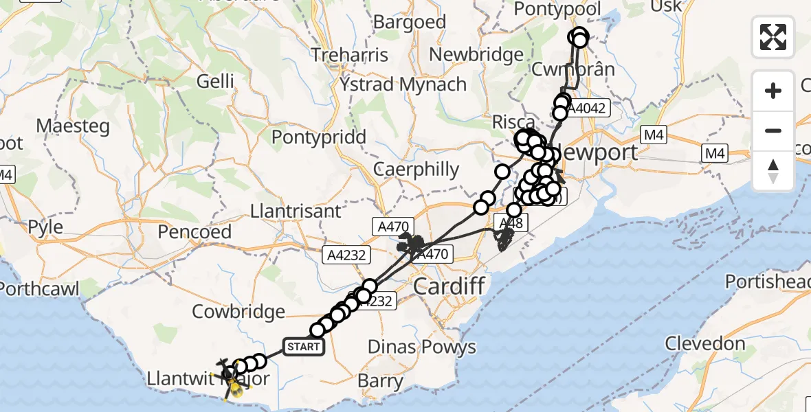 Flight route map: Police Helicopter to Boverton, Eglwys Brewis Road