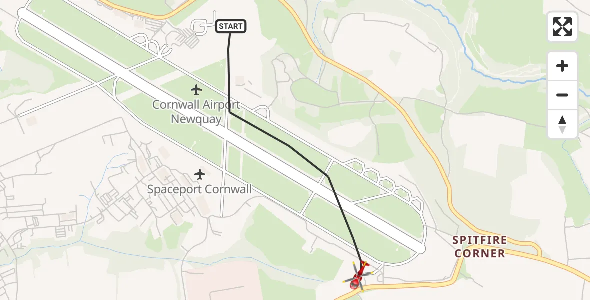 Flight path map showing Air Ambulance Helicopter route from Cornwall Airport Newquay to Cornwall Airport Newquay