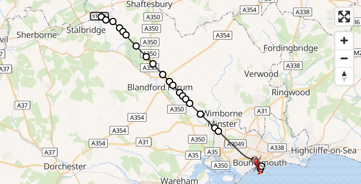 Flight route map: Air Ambulance Helicopter to Bournemouth, West Undercliff Promenade