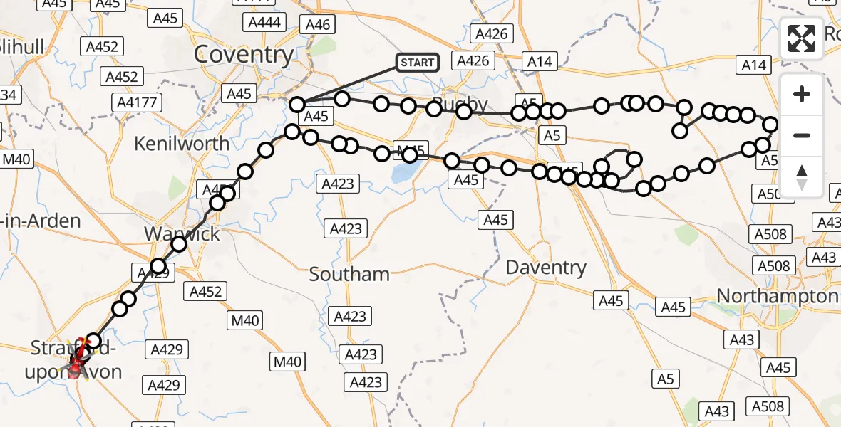 Routekaart van de vlucht: Air Ambulance Helicopter to Stratford-upon-Avon, Bridgeway