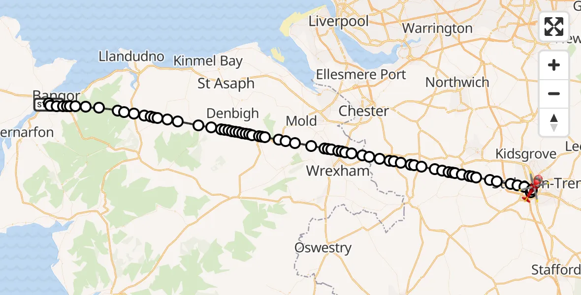 Flight route map: Air Ambulance Helicopter to Stoke, Newcastle Road