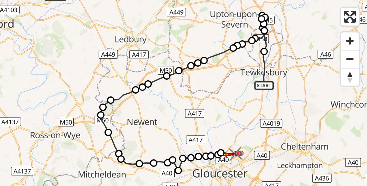 Routekaart van de vlucht: Air Ambulance Helicopter to Twigworth, Drymeadow Lane