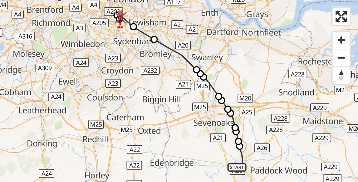 Flight route map: Air Ambulance Helicopter to Kings College London Hospital, Kings College London Hospital
