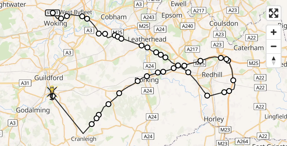 Routekaart van de vlucht: Police Helicopter to Shalford, Chinthurst Lane