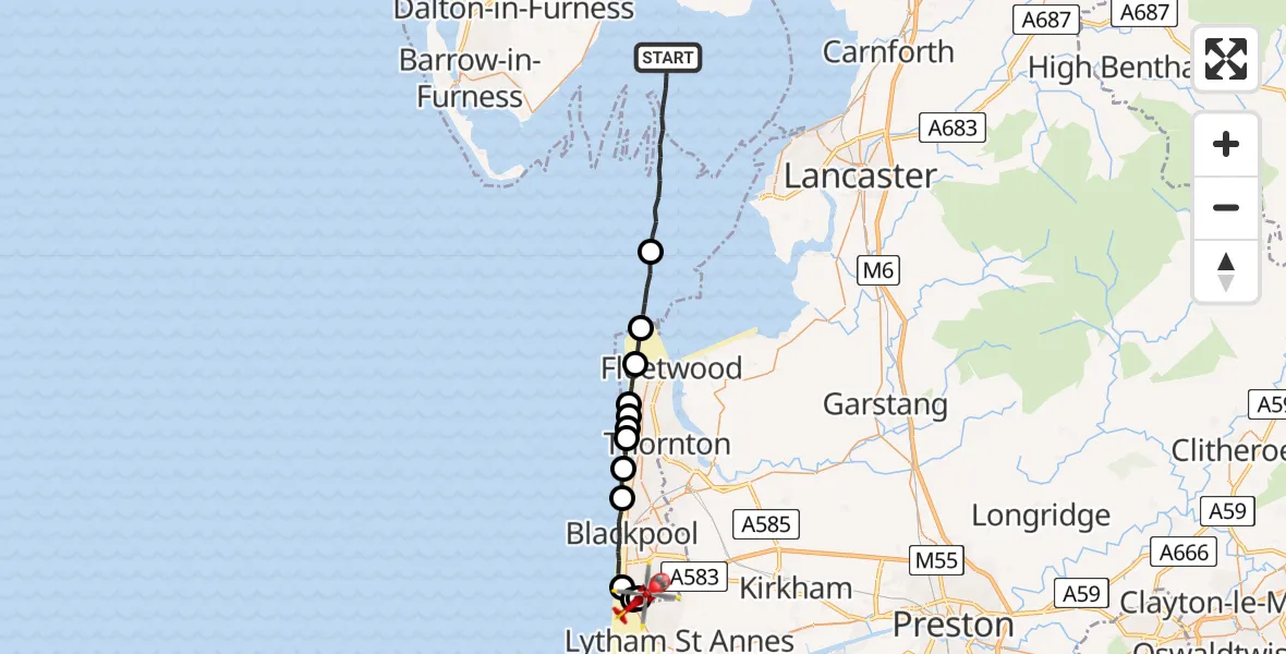 Routekaart van de vlucht: Air Ambulance Helicopter to Blackpool Airport, Blackpool Airport