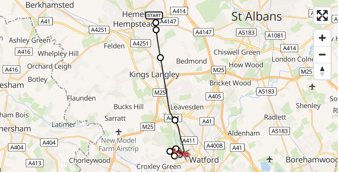 Routekaart van de vlucht: Air Ambulance Helicopter to Watford, Cassiobury Park Avenue
