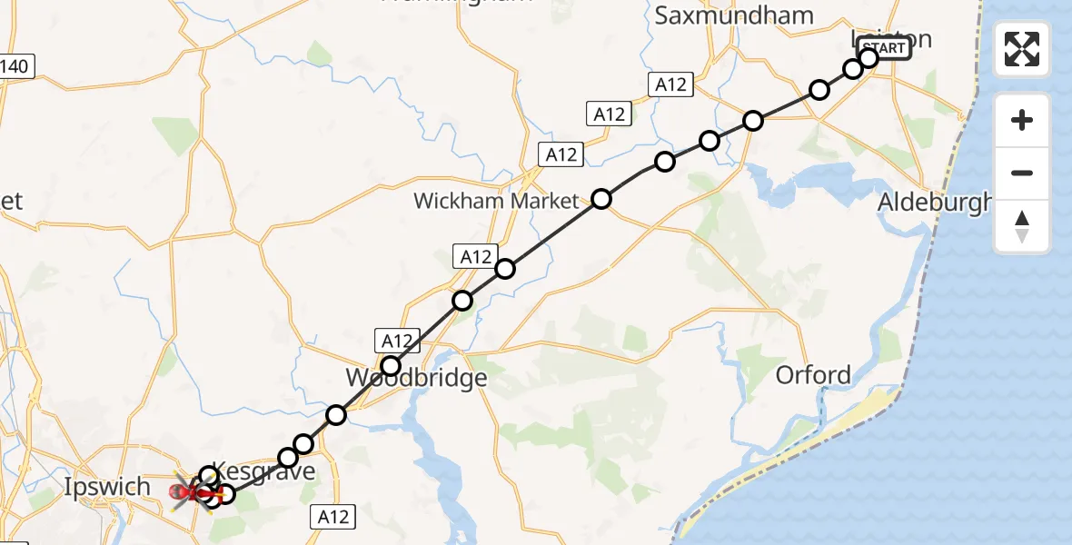 Flight route map: Air Ambulance Helicopter to Ipswich, Heath Road