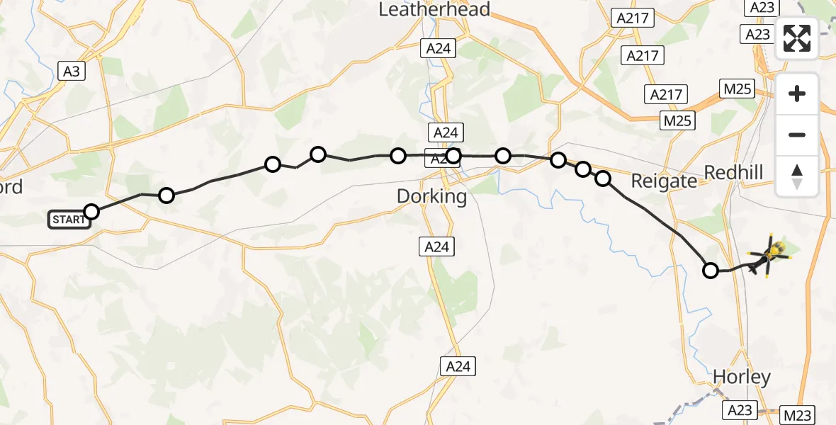 Flight route map: Police Helicopter to Salfords, Mason's Bridge Road