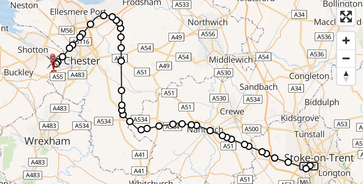 Flight route map: Air Ambulance Helicopter to Hawarden Airport, Hawarden Airport