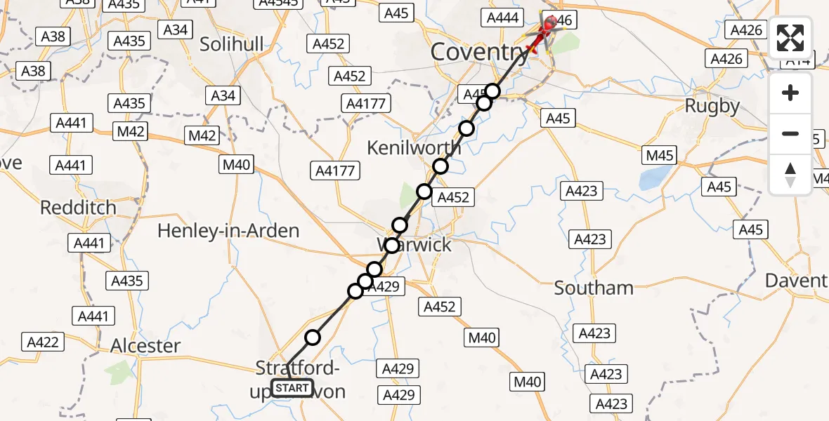 Flight route map: Air Ambulance Helicopter to Coventry, Tollard Close