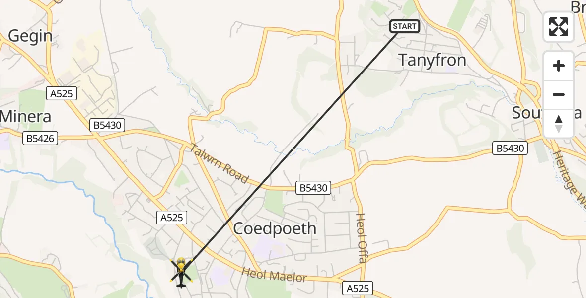 Routekaart van de vlucht: Police Helicopter to Coedpoeth, Middle Road