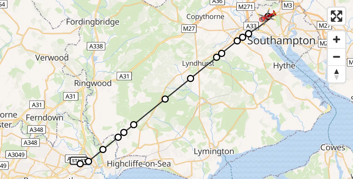 Flight route map: Air Ambulance Helicopter to University Hospital Southampton, University Hospital Southampton