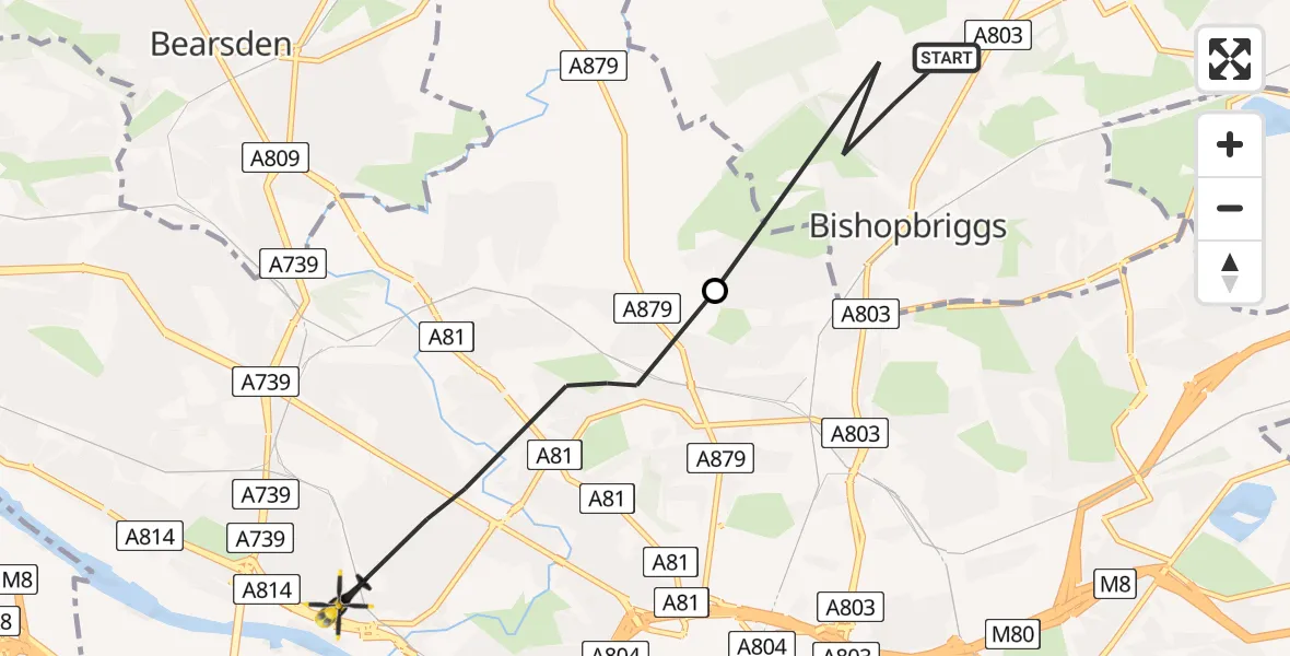 Flight route map:  to Glasgow, Dumbarton Road