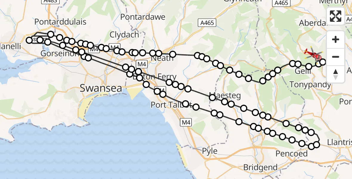 Flight route map: Air Ambulance Helicopter to Ferndale, North Road