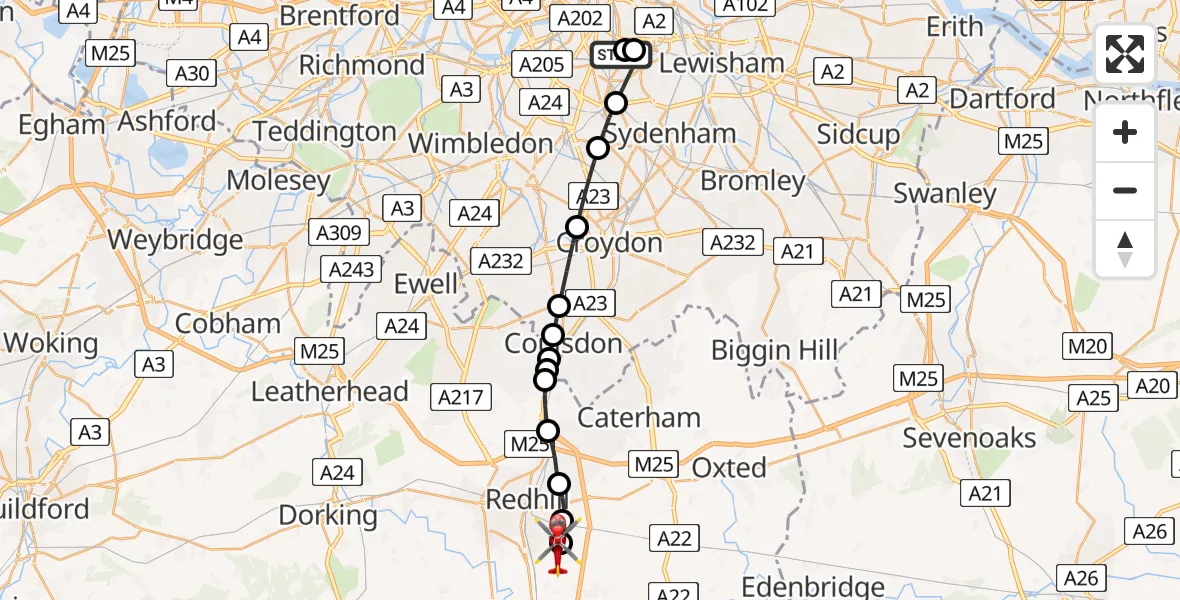 Flight route map: Air Ambulance Helicopter to Redhill Aerodrome, Redhill Aerodrome