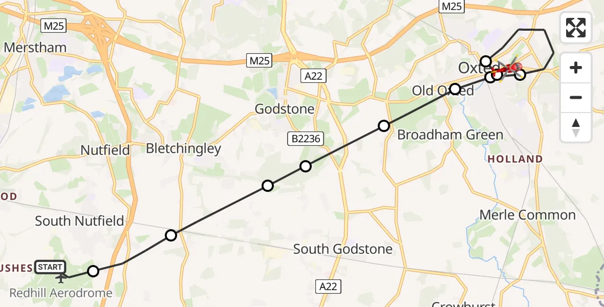 Flight route map: Air Ambulance Helicopter to Limpsfield, Broom Hill