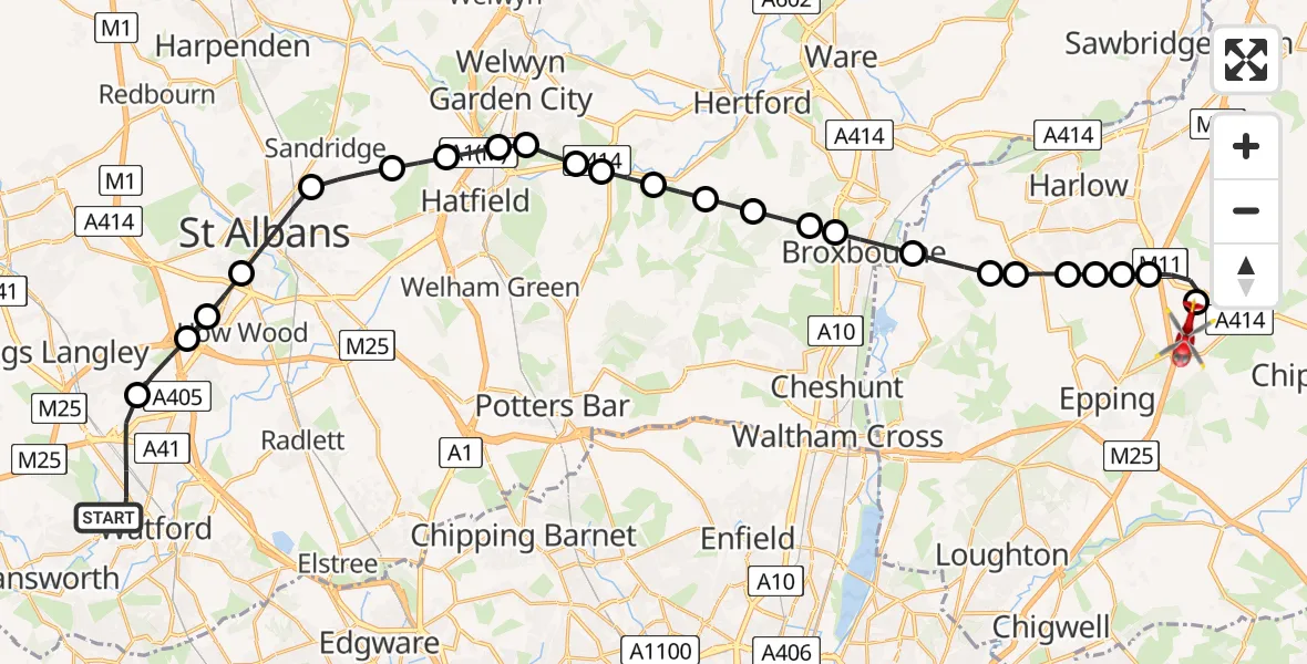 Flight route map: Air Ambulance Helicopter to North Weald Airfield, North Weald Airfield