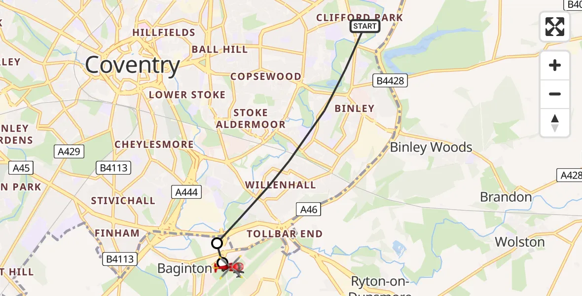 Flight route map: Air Ambulance Helicopter to Coventry Airport, Coventry Airport