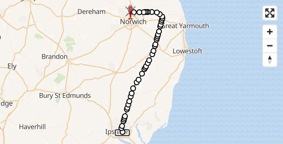 Flight route map: Air Ambulance Helicopter to Norwich Airport, Norwich Airport