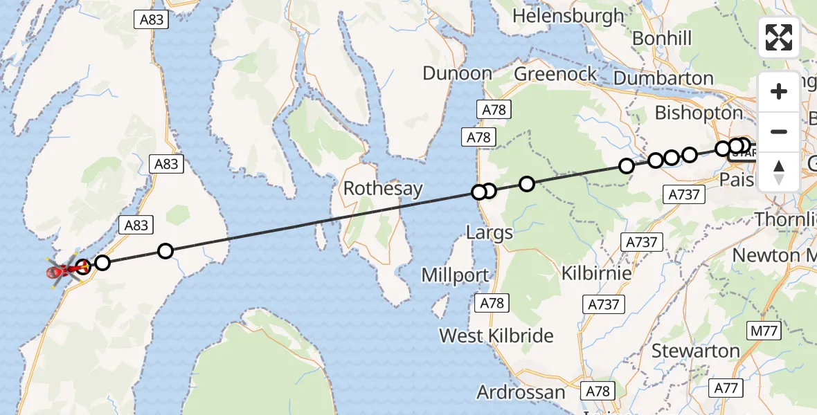 Flight path map showing Air Ambulance Helicopter route from Glasgow Airport to Inner Seas