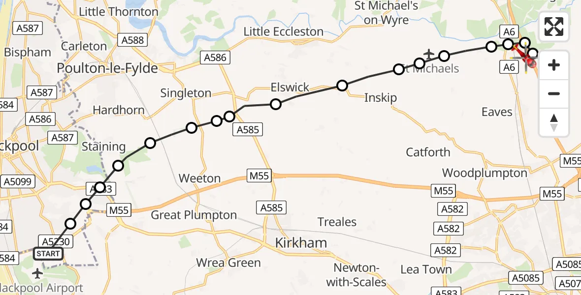 Routekaart van de vlucht: Air Ambulance Helicopter to Wyre, Bilsborrow Lane