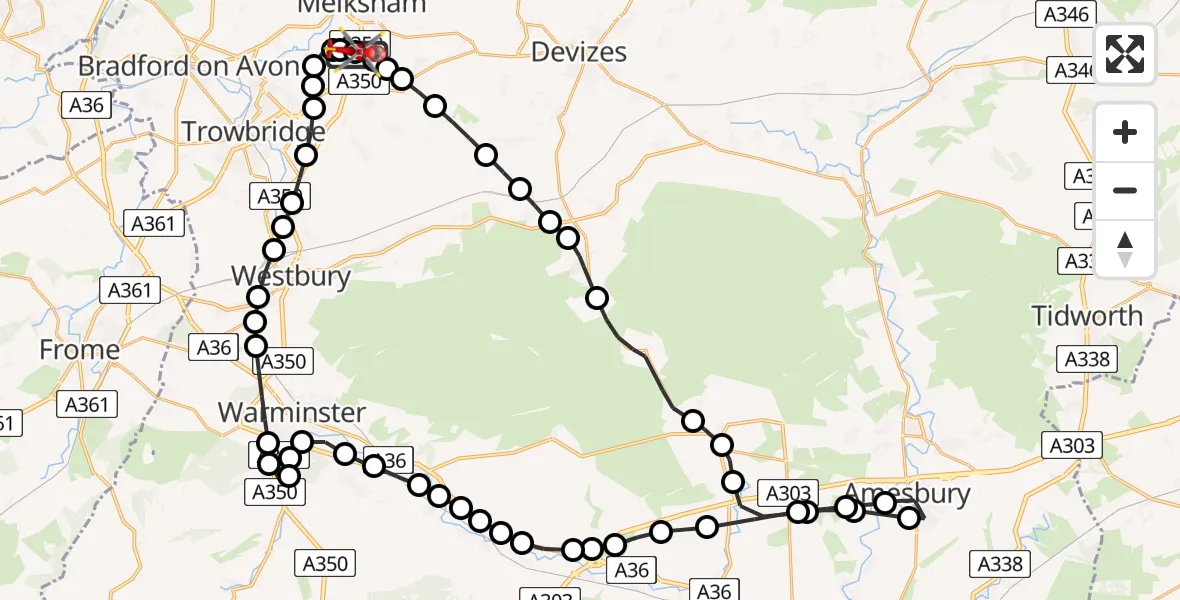 Flight route map: Air Ambulance Helicopter to Trowbridge, Trowbridge