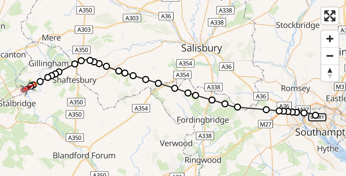 Flight route map: Air Ambulance Helicopter to Fifehead Magdalen, Shaftesbury Road