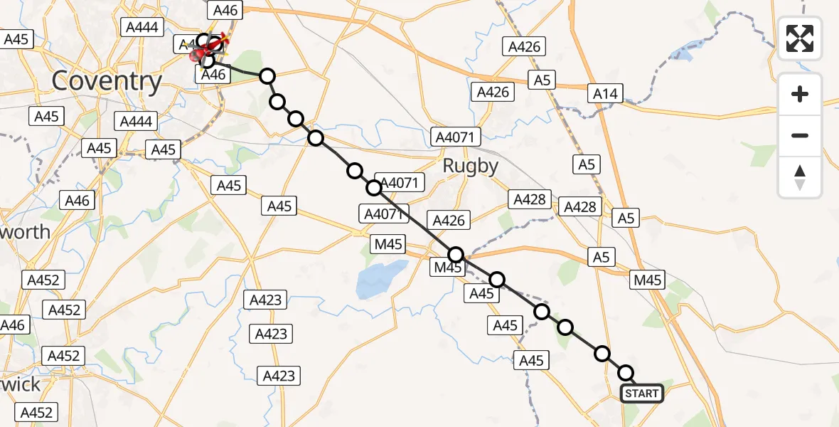 Routekaart van de vlucht: Air Ambulance Helicopter to Coventry, Platinum Jubilee Nature Reserve