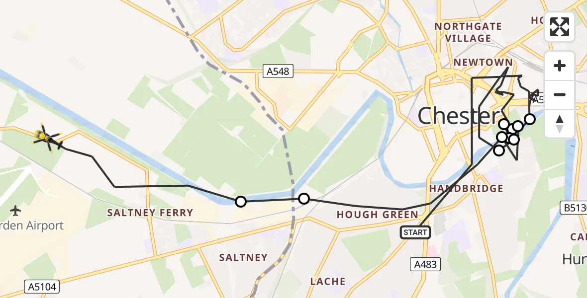 Routekaart van de vlucht: Police Helicopter to Saltney Ferry, B5129
