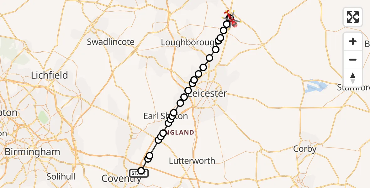 Flight route map: Air Ambulance Helicopter to Nottingham Heliport, Nottingham Heliport