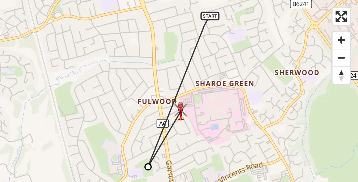Flight path map showing Air Ambulance Helicopter route from Broughton to Preston