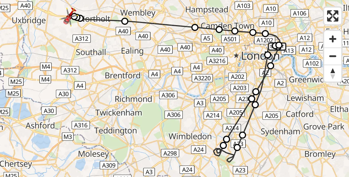 Flight route map: Air Ambulance Helicopter to RAF Northolt, RAF Northolt