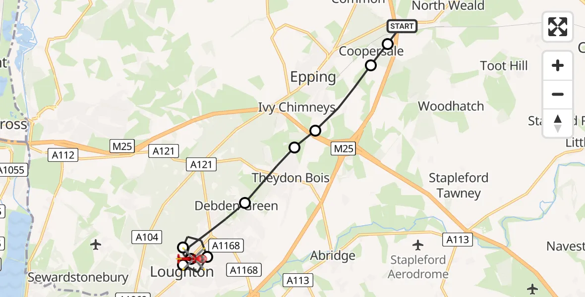 Routekaart van de vlucht: Air Ambulance Helicopter to Debden Green, Church Hill