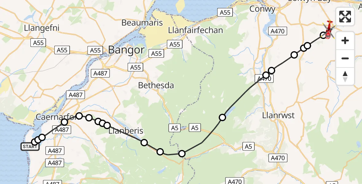 Flight route map: Air Ambulance Helicopter to Betws yn Rhos, Betws yn Rhos