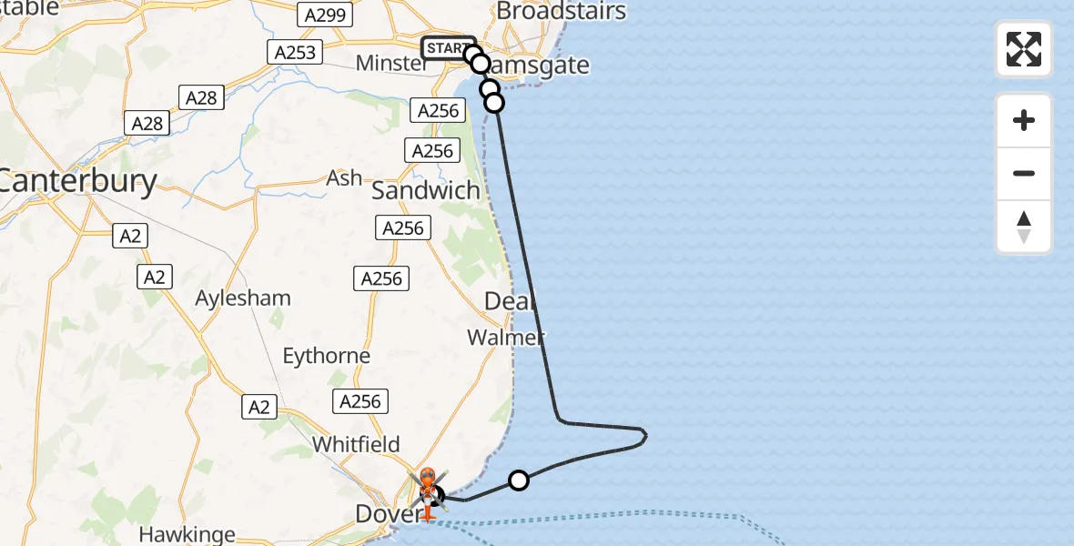 Flight route map: Coastguard Helicopter to St. Margaret's at Cliffe, Upper Road
