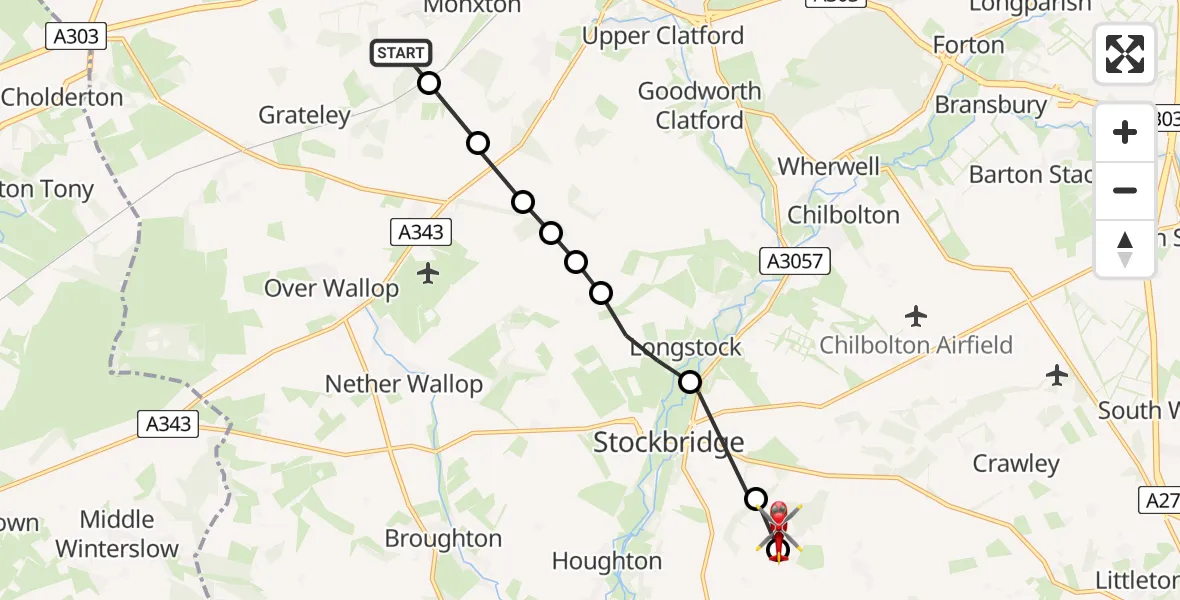 Flight route map: Air Ambulance Helicopter to Test Valley, Somborne Park Road