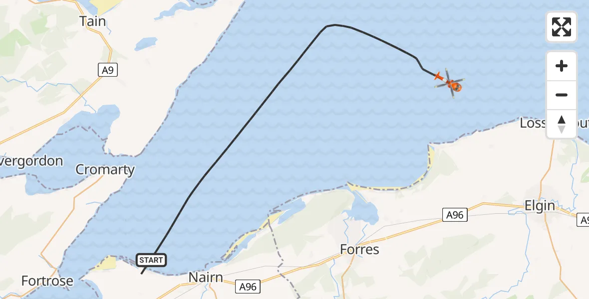 Flight route map: Coastguard Helicopter to North Sea, North Sea