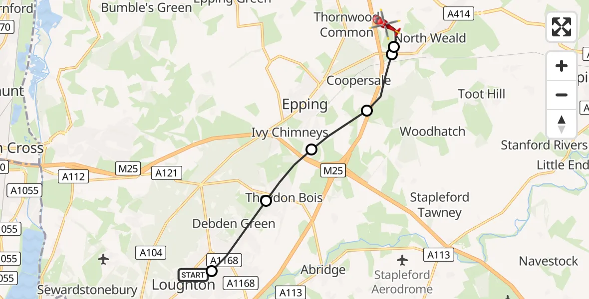 Flight route map: Air Ambulance Helicopter to North Weald Airfield, North Weald Airfield