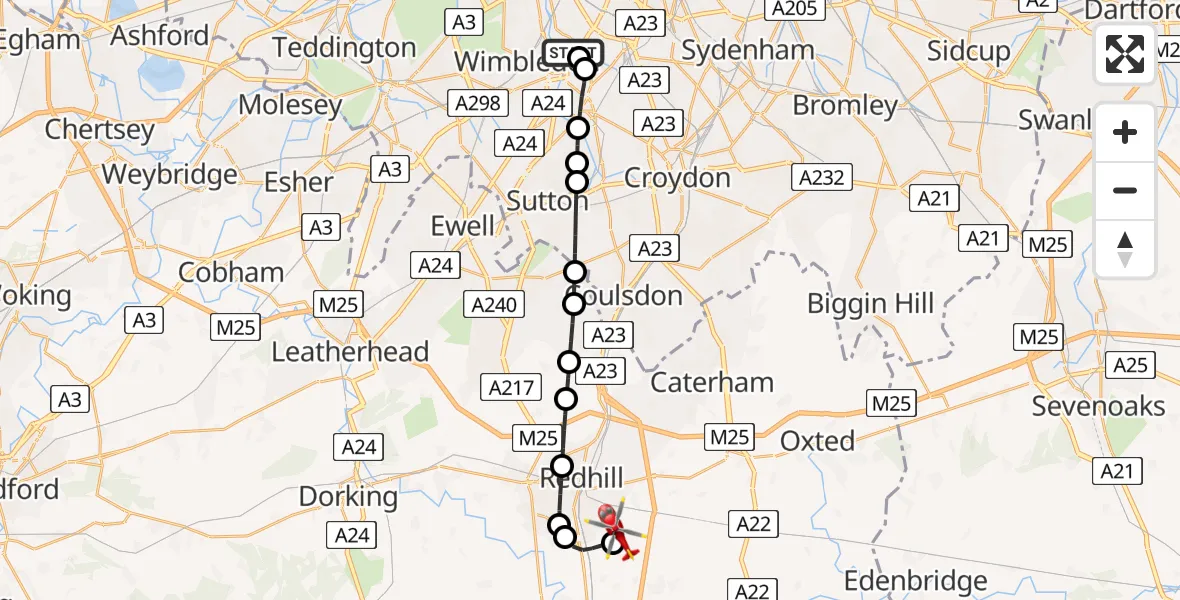 Flight route map: Air Ambulance Helicopter to Redhill Aerodrome, Redhill Aerodrome