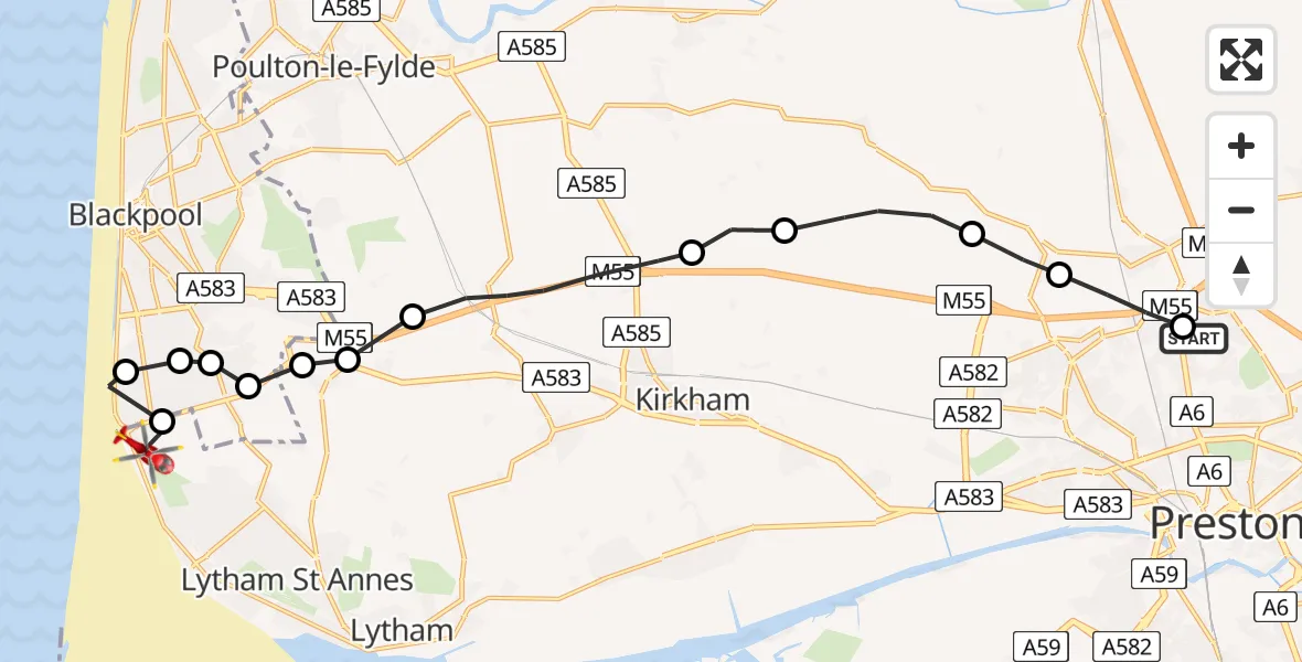 Routekaart van de vlucht: Air Ambulance Helicopter to Fylde, Stubblefield Drive