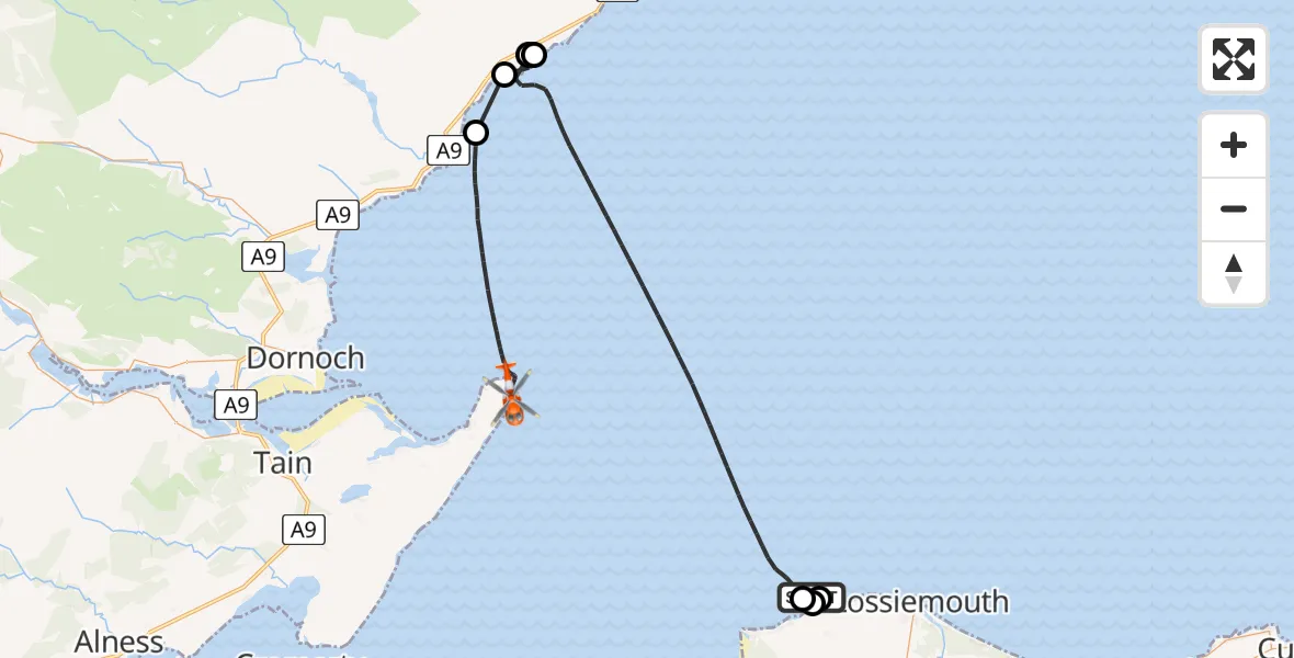 Flight route map: Coastguard Helicopter to North Sea, North Sea