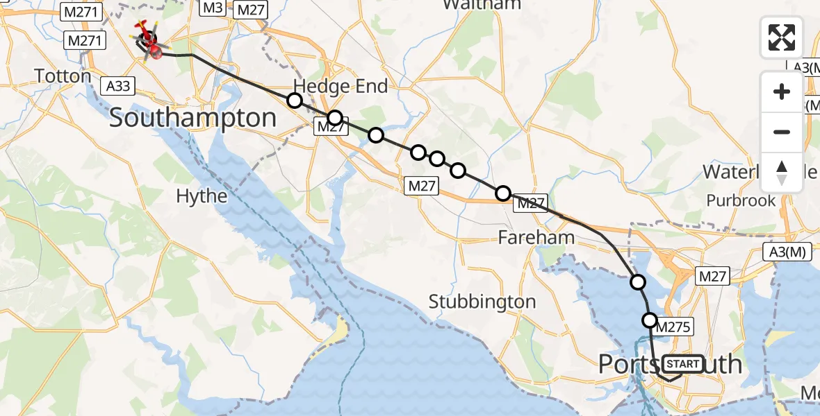 Routekaart van de vlucht: Air Ambulance Helicopter to University Hospital Southampton, Palm Road