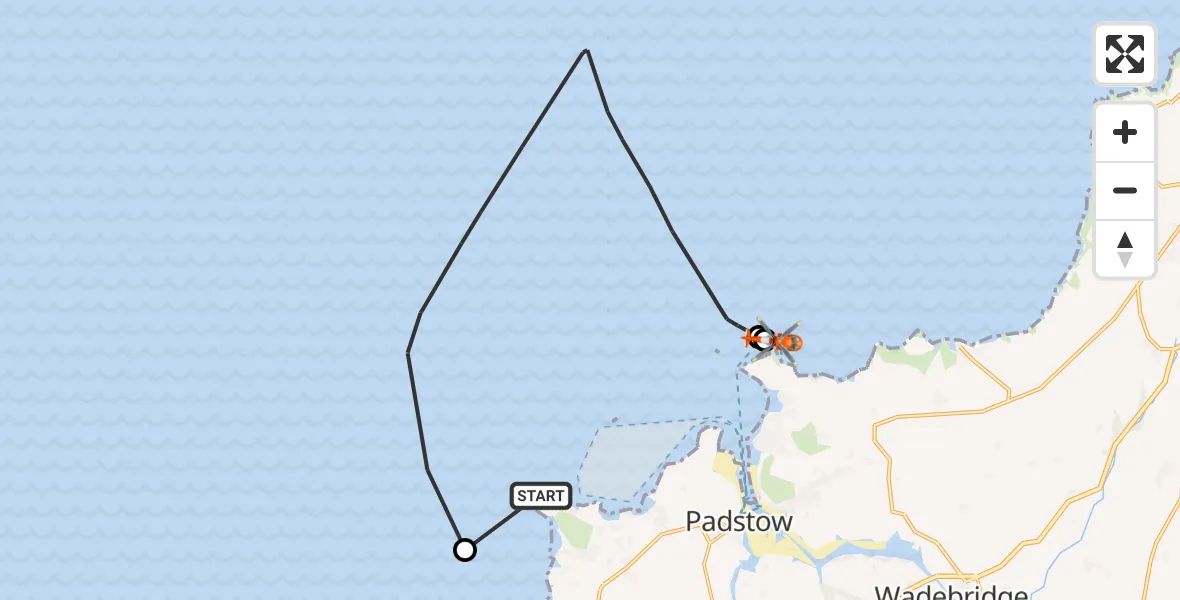 Flight route map: Coastguard Helicopter to New Polzeath, Baby Beach Lane