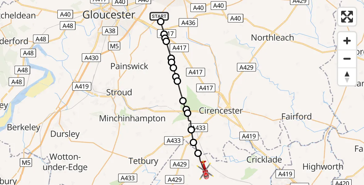 Flight route map: Air Ambulance Helicopter to Upper Minety, Flisteridge Road