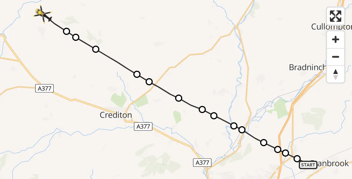 Flight route map: Police Helicopter to Morchard Bishop, Broadridge Lane
