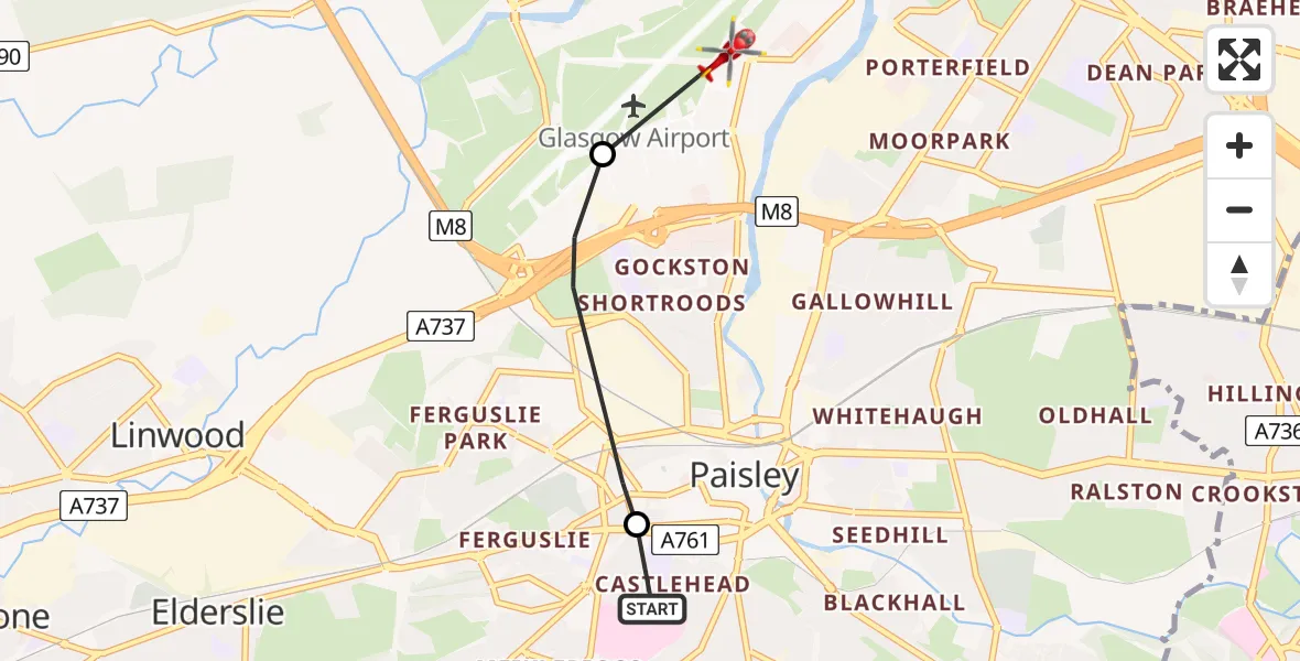 Flight route map: Air Ambulance Helicopter to Glasgow Airport, Glasgow Airport