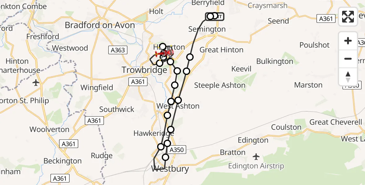 Flight route map: Air Ambulance Helicopter to Hilperton, Elizabeth Way