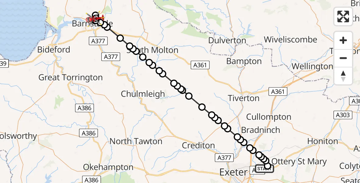 Routekaart van de vlucht: Air Ambulance Helicopter to North Devon Hospital, North Devon Hospital