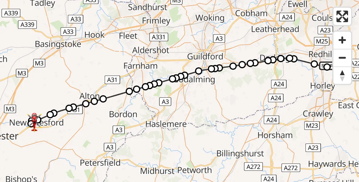 Flight route map: Air Ambulance Helicopter to New Alresford, Pound Hill
